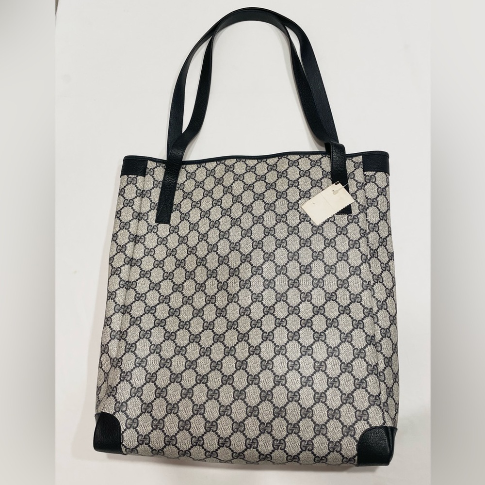 SOLD GUCCI Vintage Navy GG Monogram Large Tall Travel Tote Leather Canvas Bag - Picture 5 of 9